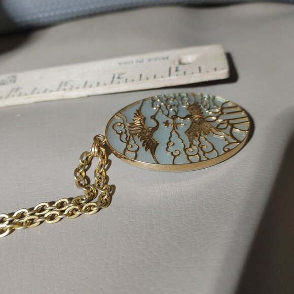 Large Jade Jadeite Pendant Vintage Gold Overlay Cranes Birds Asian Gold Filled - Picture 6 of 12